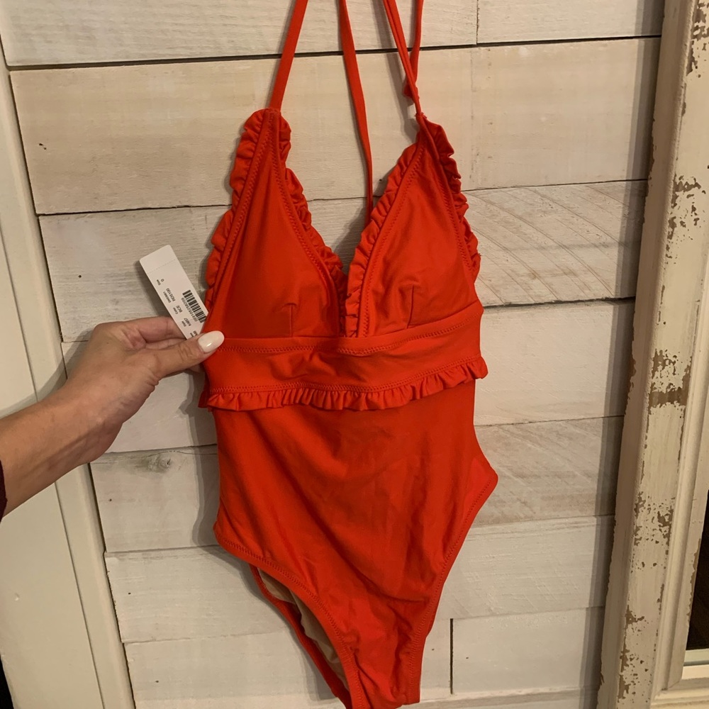 J.Crew Red Ruffle Halter One-Piece Swimsuit - Picture 3 of 6